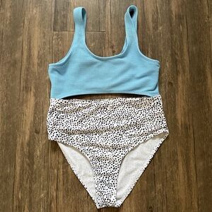 Make Me Chic Blue White Cut Out Dalmatian Print One Piece Swimsuit Swimwear 10